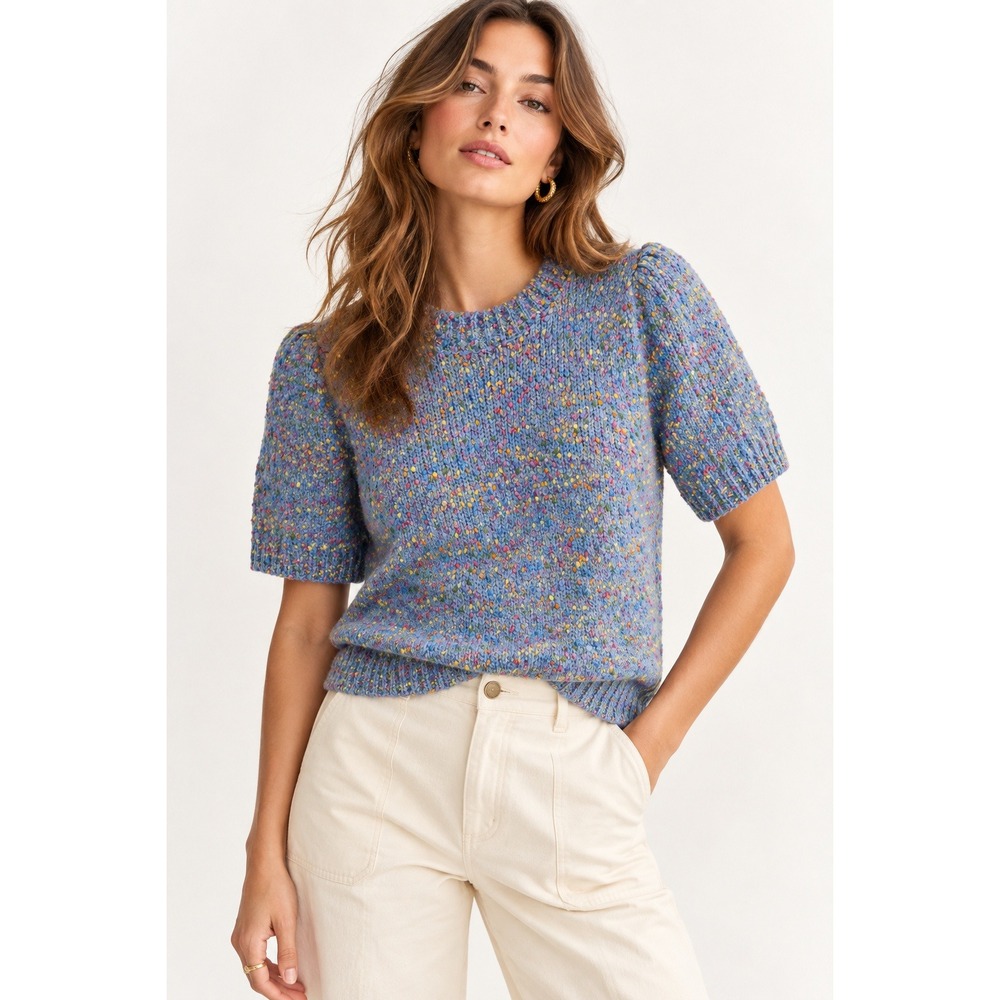 Market & Spruce Textured Short Sleeve Sweater Light Blue Confetti XSP New
